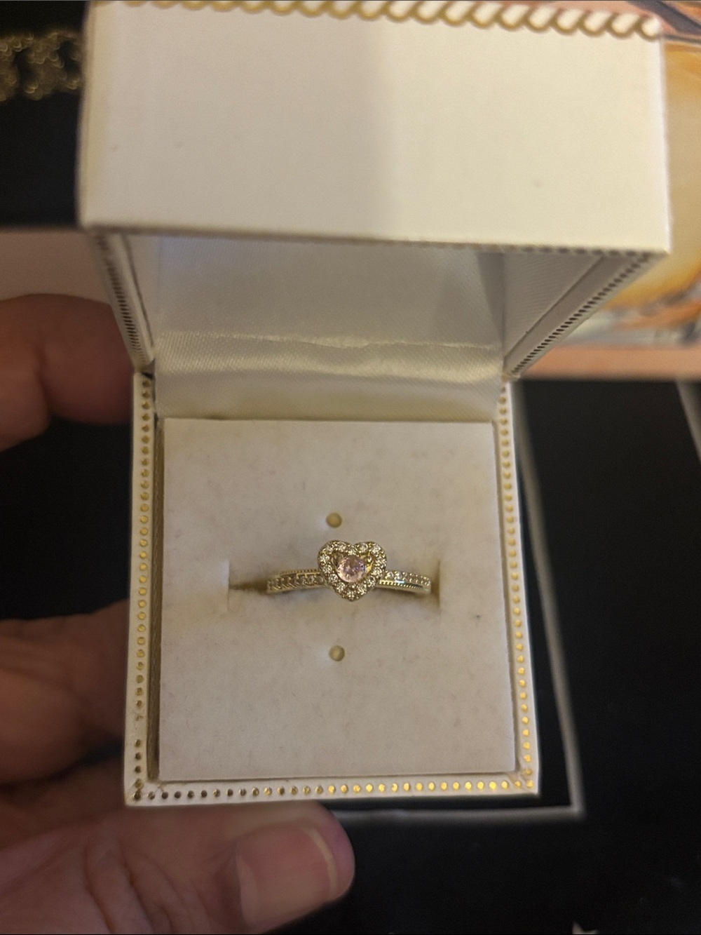 Gold Heart Ring with Pink Center Stone and Pavé Accents Size 5.5 Adjustable